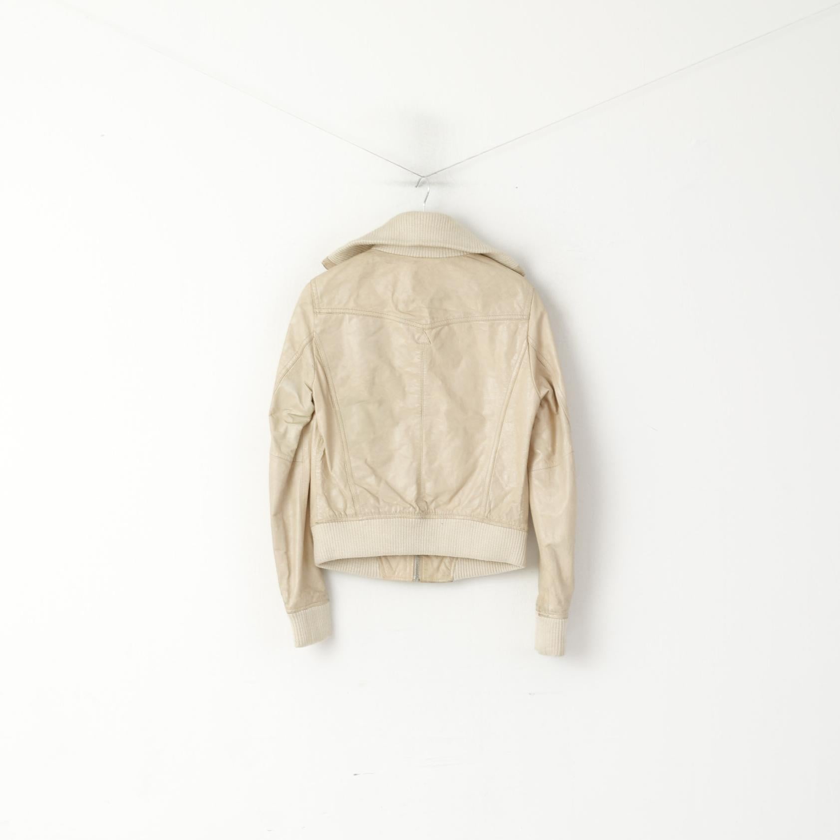 Giacca Xpert da donna L (M) in pelle beige da motociclista vintage con cerniera intera e colletto rialzato
