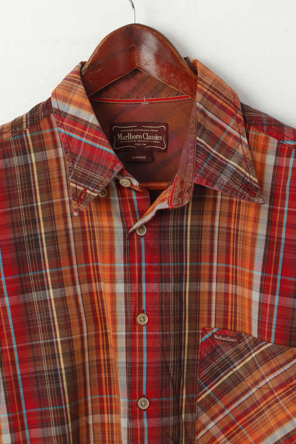 Marlboro Classics Men L Casual Shirt Red Multi Check Vintage Cotton  Outdoor Long Sleeve Top
