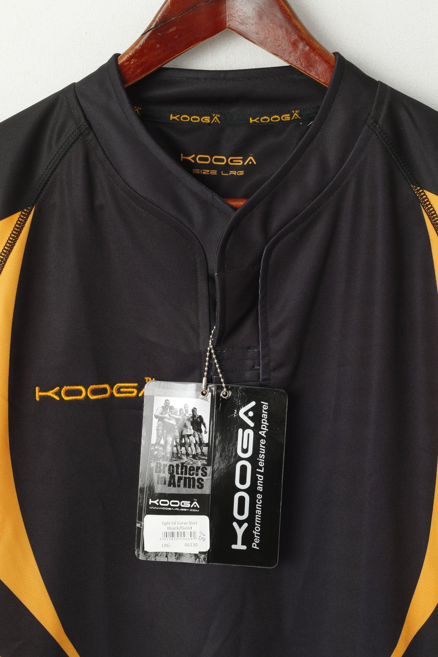 Nuova maglietta Kooga da donna L nera, vestibilità aderente, curva, maglia da rugby