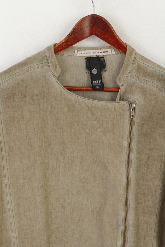 Nu by Staff Women XS Tunic Blouse Brown Cotton Linen Oversize Full Zip Long Jacket Top