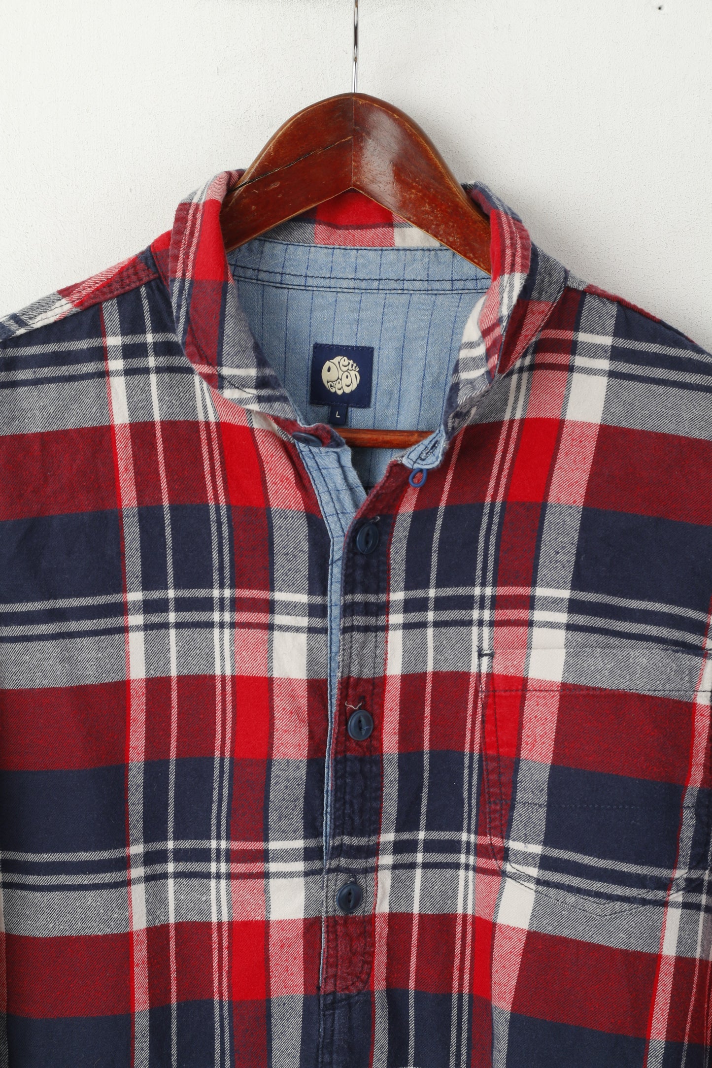 Pretty Green Men L Casual Shirt Red Check Pullover Cotton Long Sleeve Top