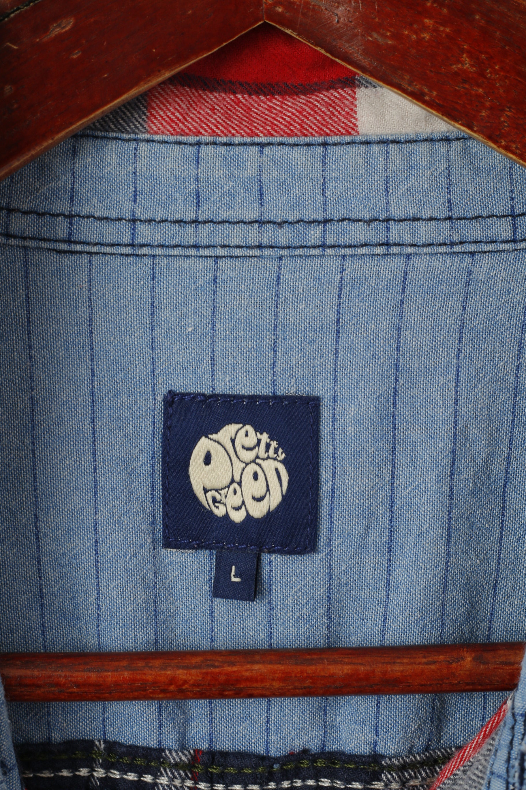 Pretty Green Men L Casual Shirt Red Check Pullover Cotton Long Sleeve Top