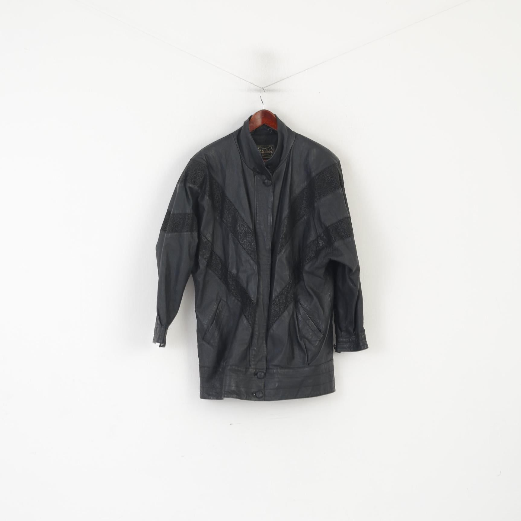 Vintage Femmes XL Veste En Cuir Noir Bat Bomber Épaulettes Haut Rétro