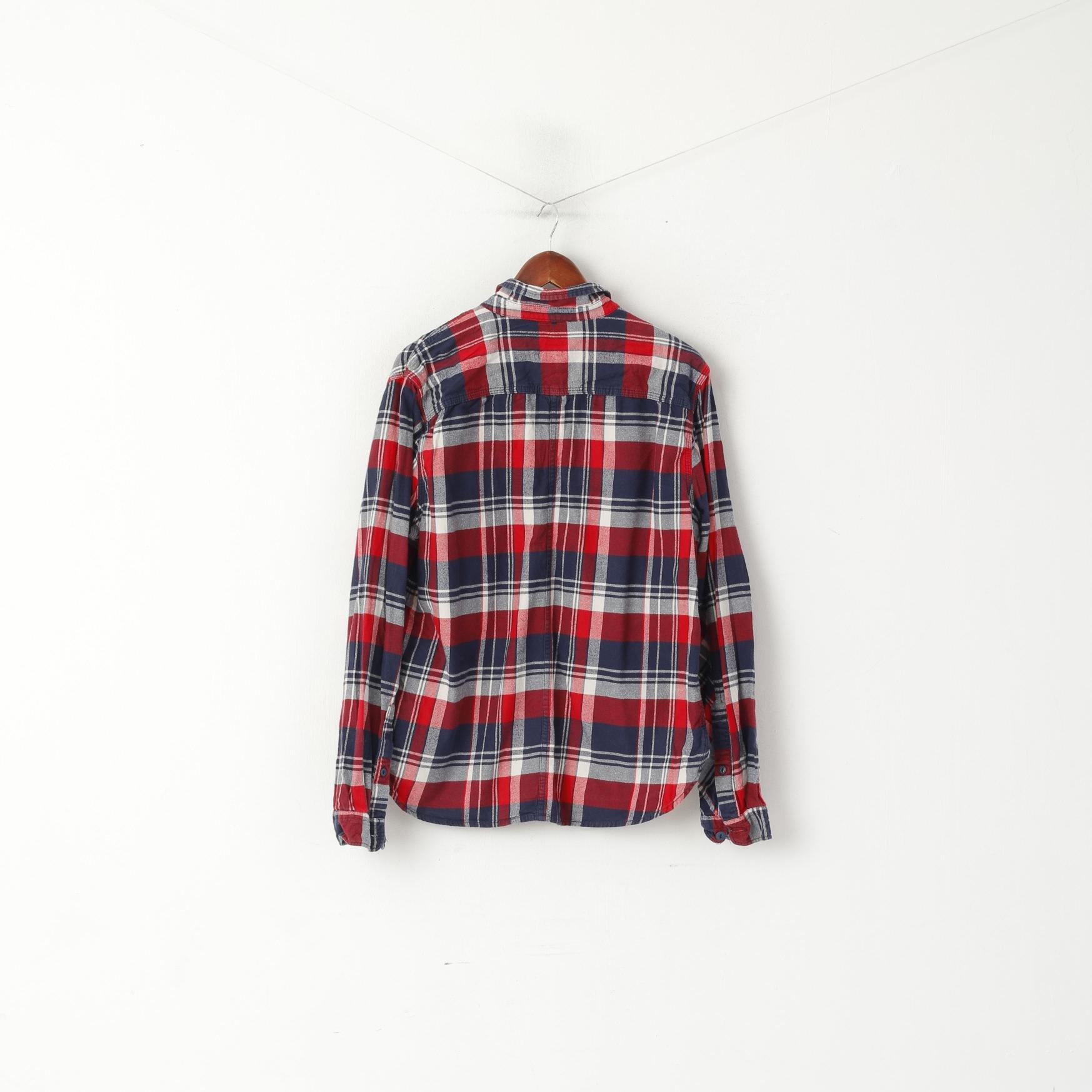 Camicia casual da uomo piuttosto verde L. Top a maniche lunghe in cotone con pullover a quadri rossi