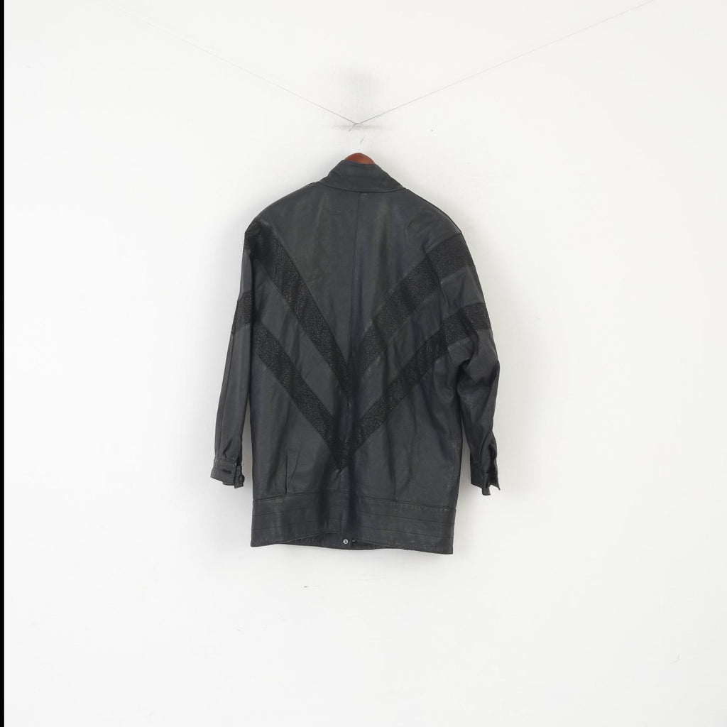 Vintage Women XL Jacket Black Leather Bat Bomber Shoulder Pads Retro Top