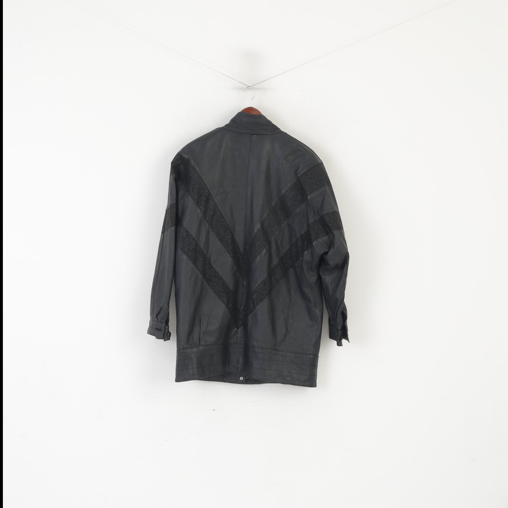 Vintage Women XL Jacket Black Leather Bat Bomber Shoulder Pads Retro Top