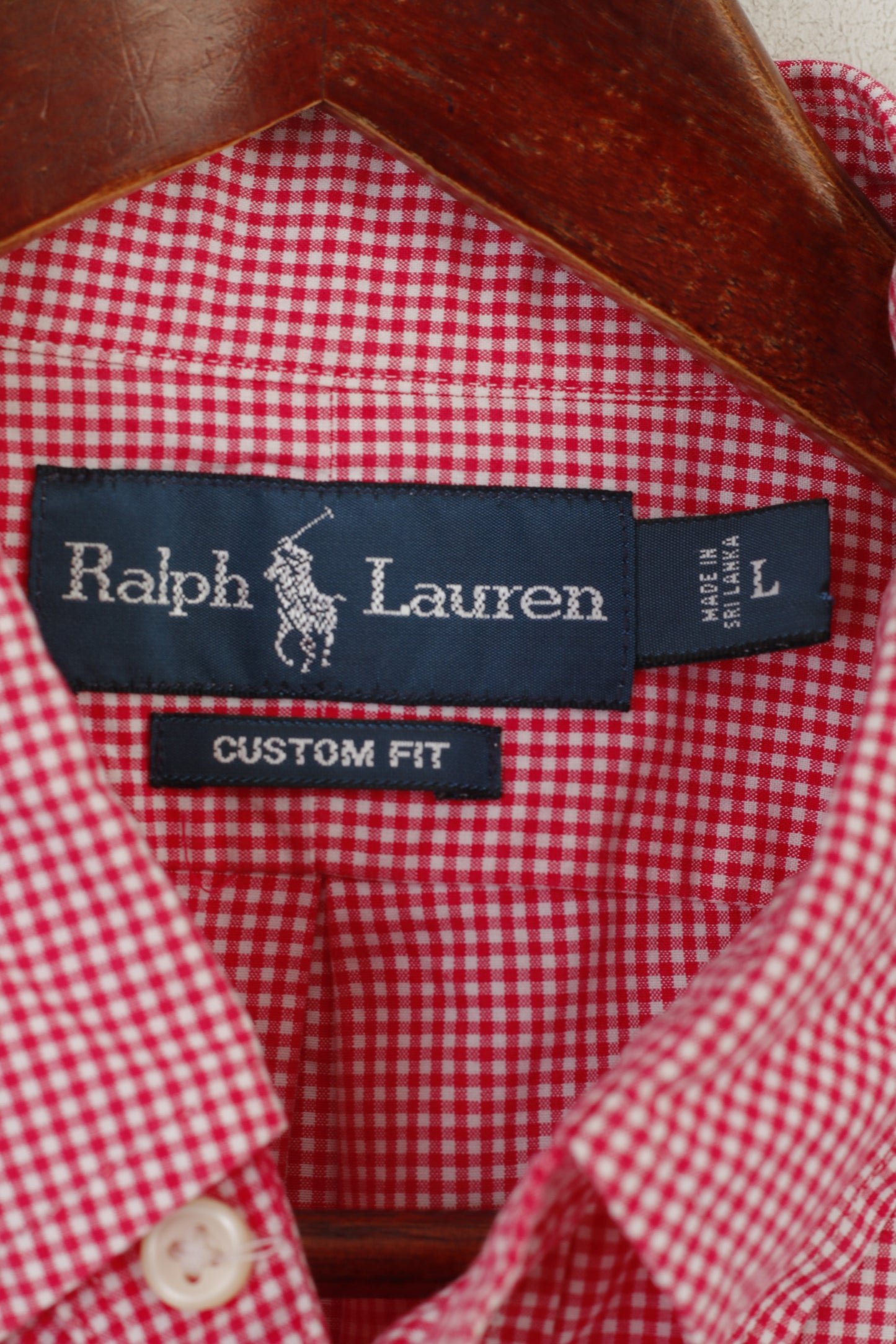 Ralph Lauren Men L Casual Shirt Red Mini Check Cotton Custom Fit Short Sleeve Top