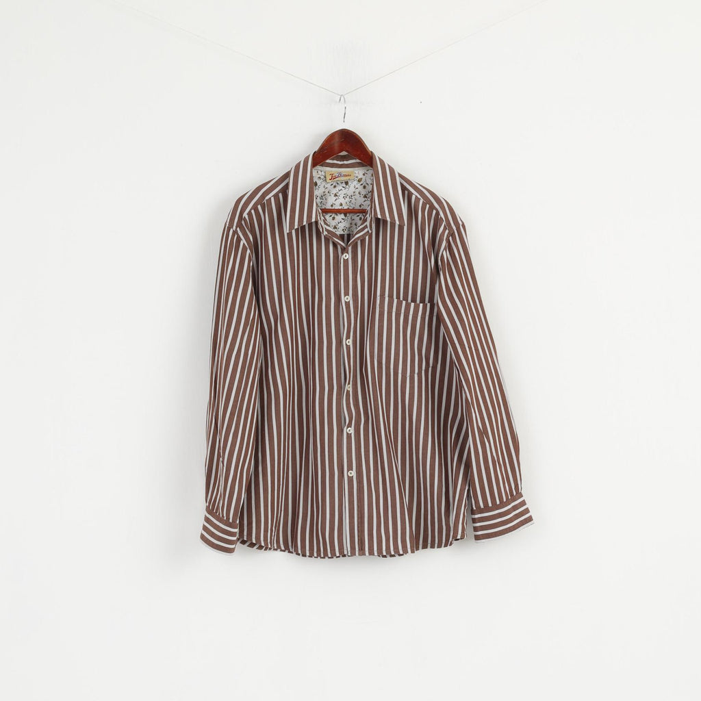 Joe Brown Men XL (XXL) Casual Shirt Brown White Striped Cotton Long Sleeve Top