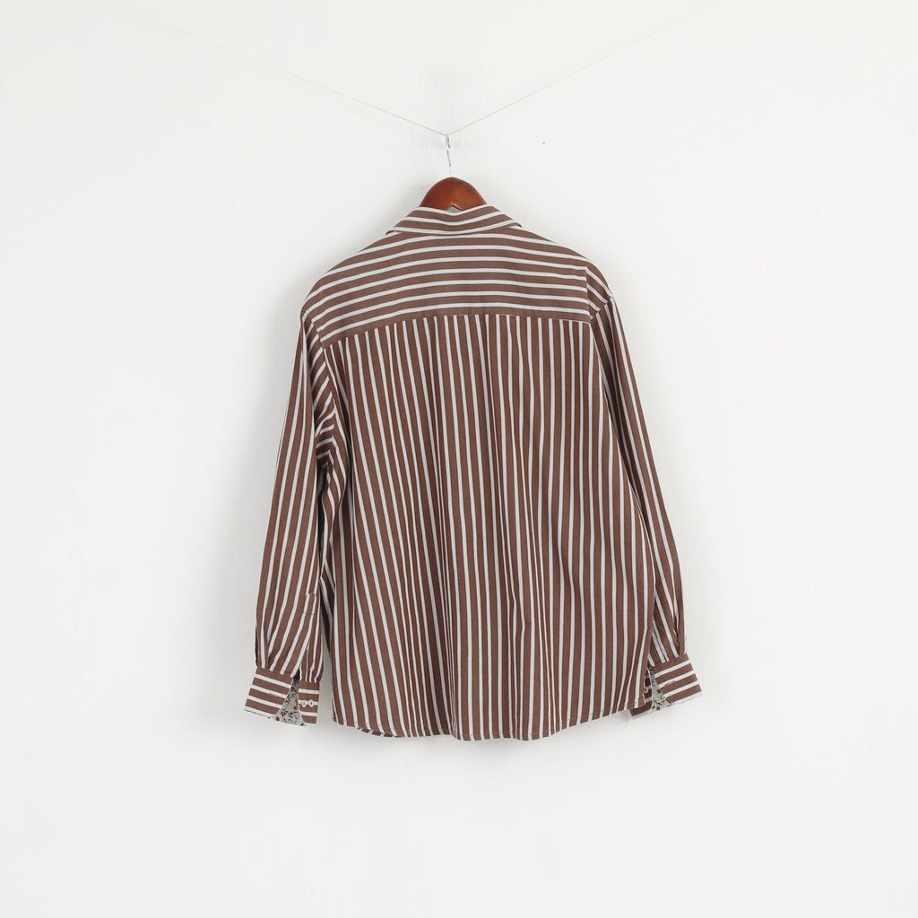 Joe Brown Men XL (XXL) Casual Shirt Brown White Striped Cotton Long Sleeve Top