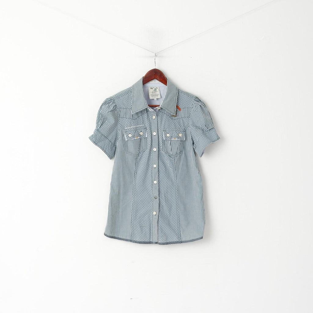 Khujo Donna L (M) Camicia casual Top a maniche corte sul tetto in cotone a quadri verde blu