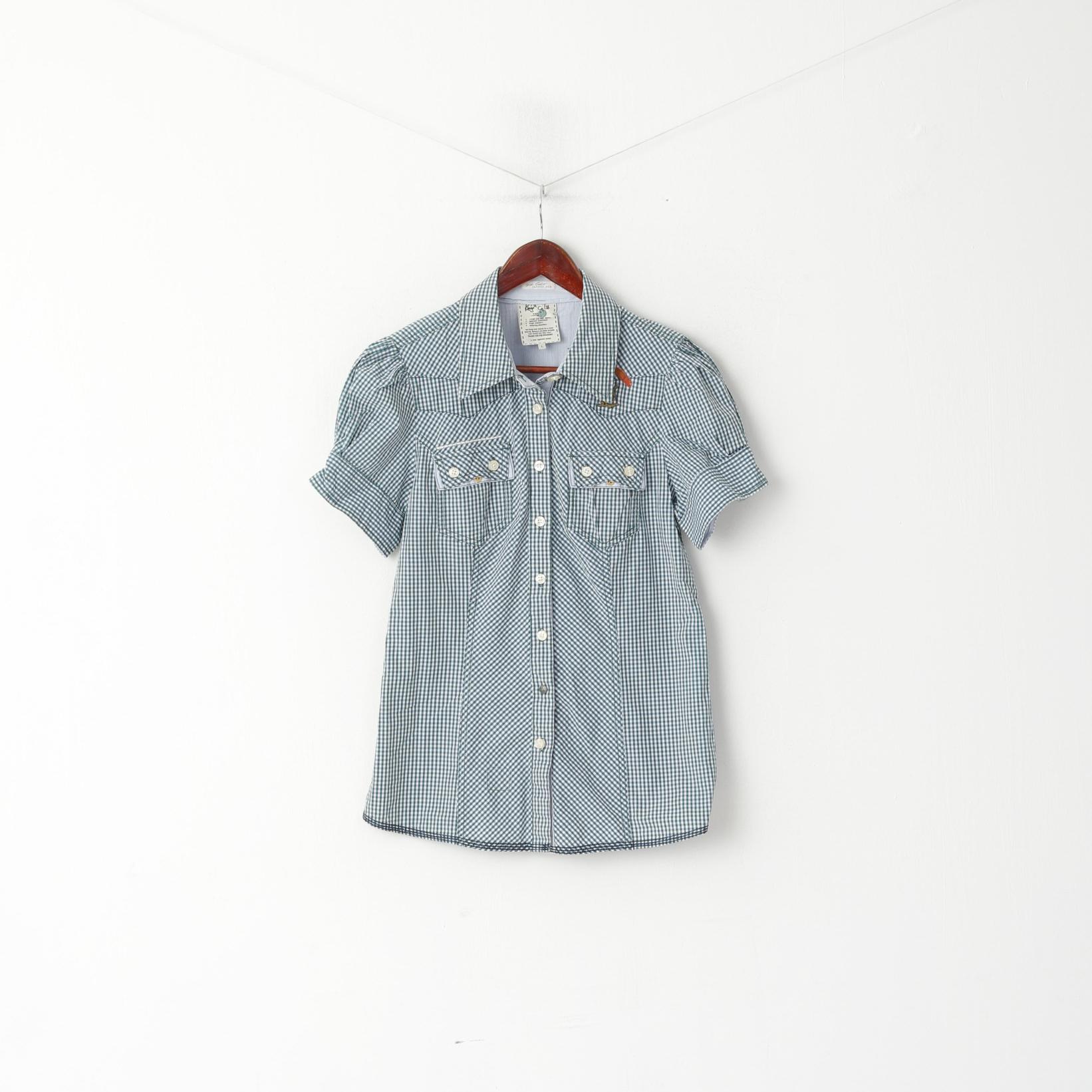 Khujo Women L (M) Casual Shirt Green Blue Check Cotton Rooftop Short Sleeve Top