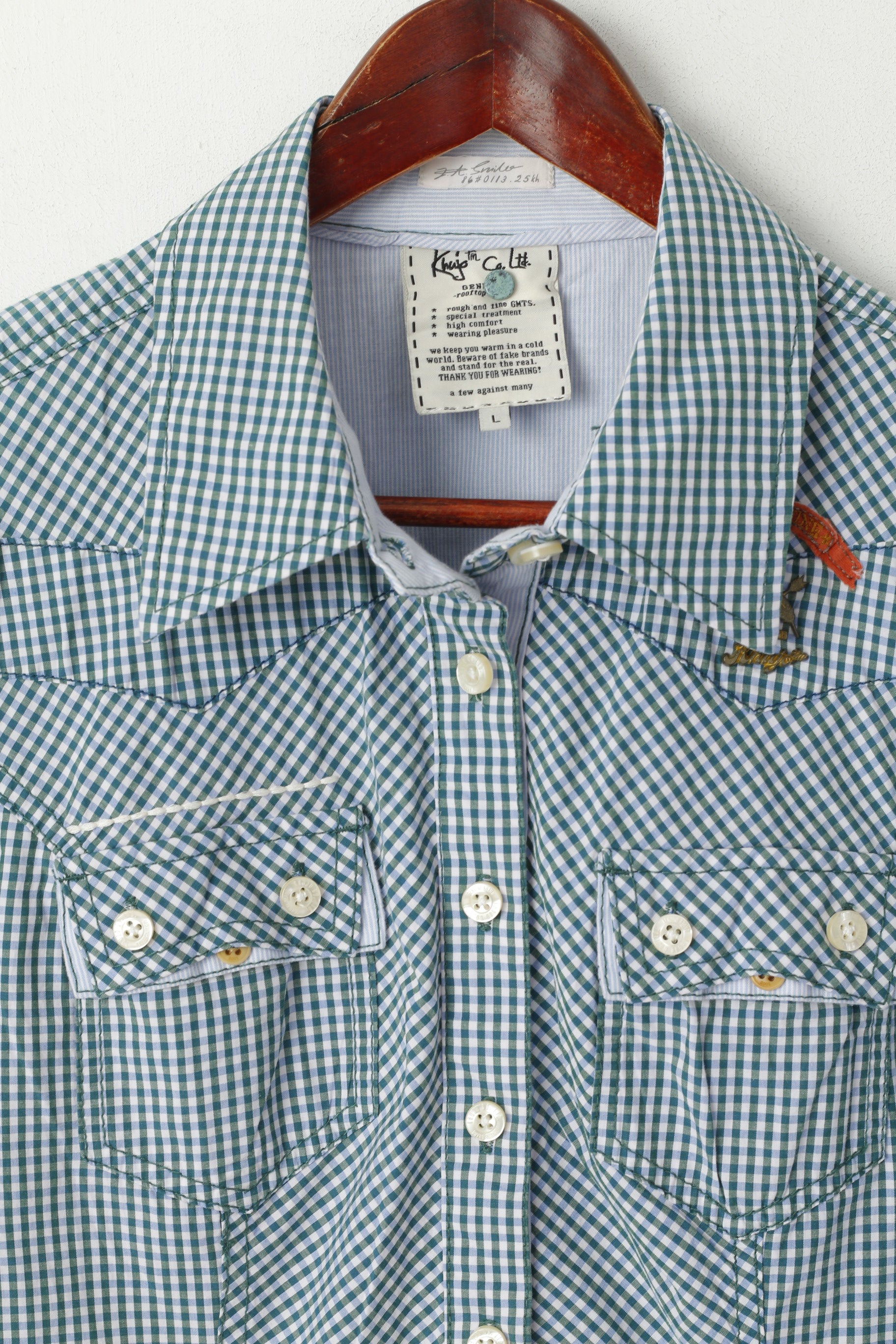 Khujo Women L (M) Casual Shirt Green Blue Check Cotton Rooftop Short Sleeve Top