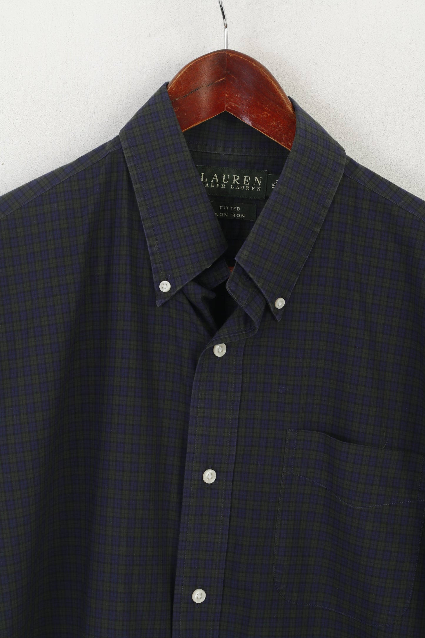 Lauren Ralph Lauren Men 40-41 16 L Casual Shirt Navy Green Check Fitted Cotton Long Sleeve Top