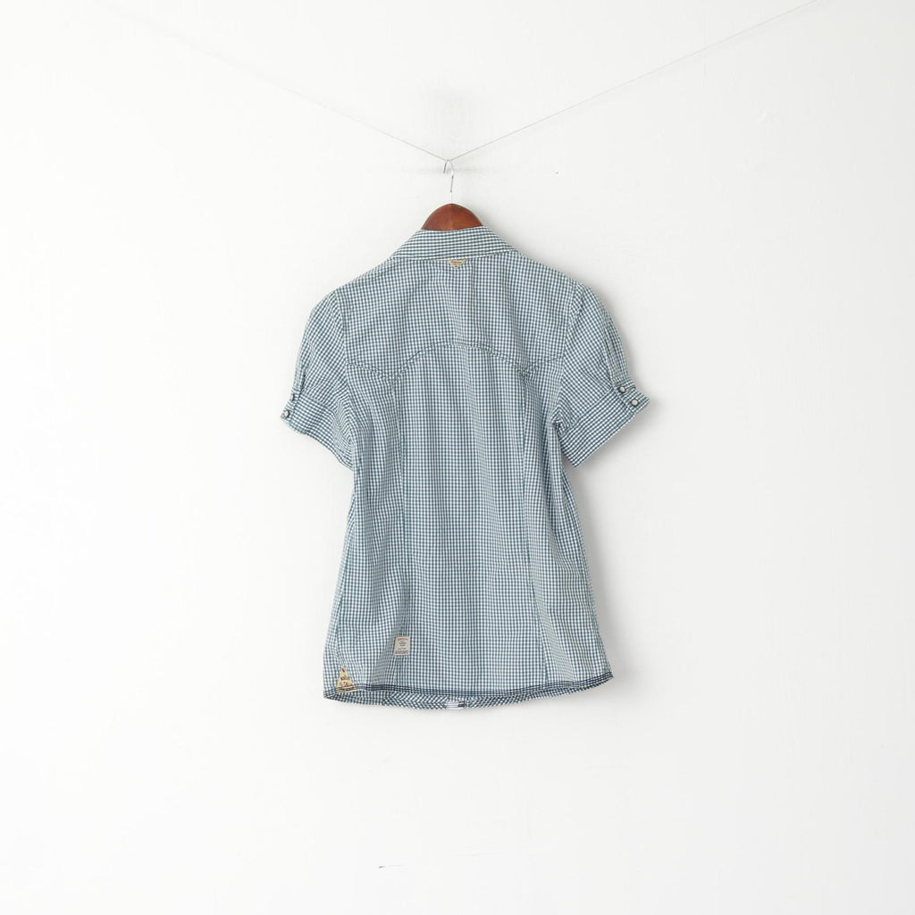 Khujo Donna L (M) Camicia casual Top a maniche corte sul tetto in cotone a quadri verde blu