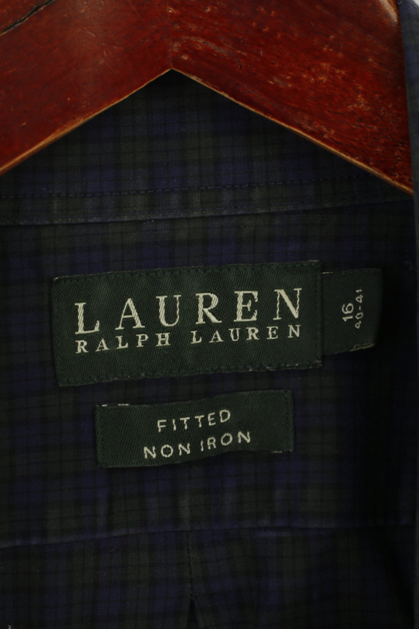 Lauren Ralph Lauren Men 40-41 16 L Casual Shirt Navy Green Check Fitted Cotton Long Sleeve Top