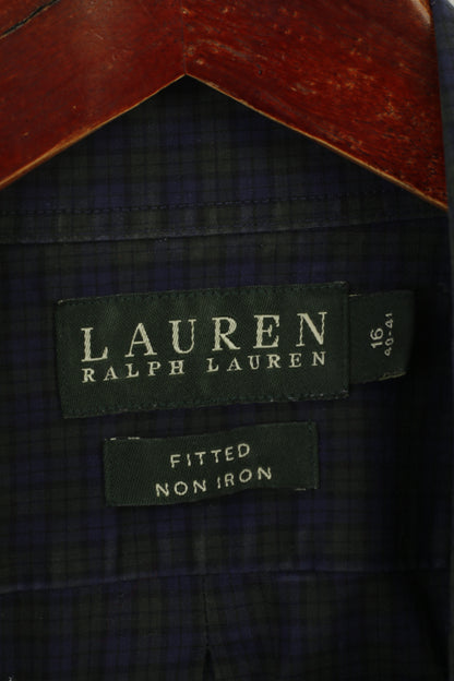 Lauren Ralph Lauren Men 40-41 16 L Casual Shirt Navy Green Check Fitted Cotton Long Sleeve Top