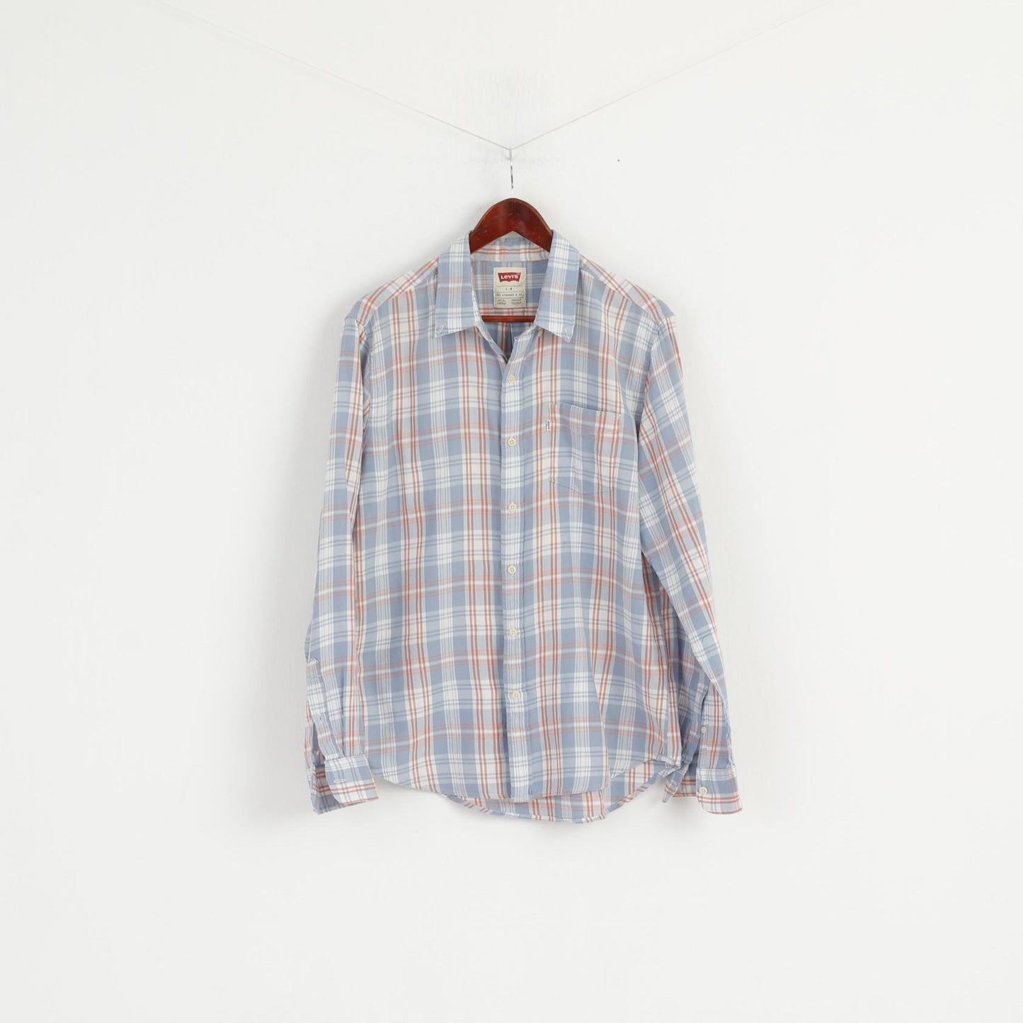 Levi's Men L Casual Shirt Blue Soft Cotton Check Pocket Long Sleeve Top