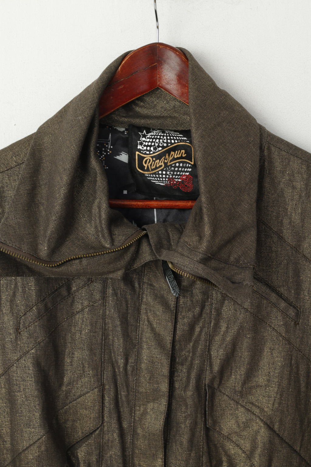 Ringspun Women 3 S Jacket Shiny Gold Turtle Neck Linen Cropped Zip Up Top