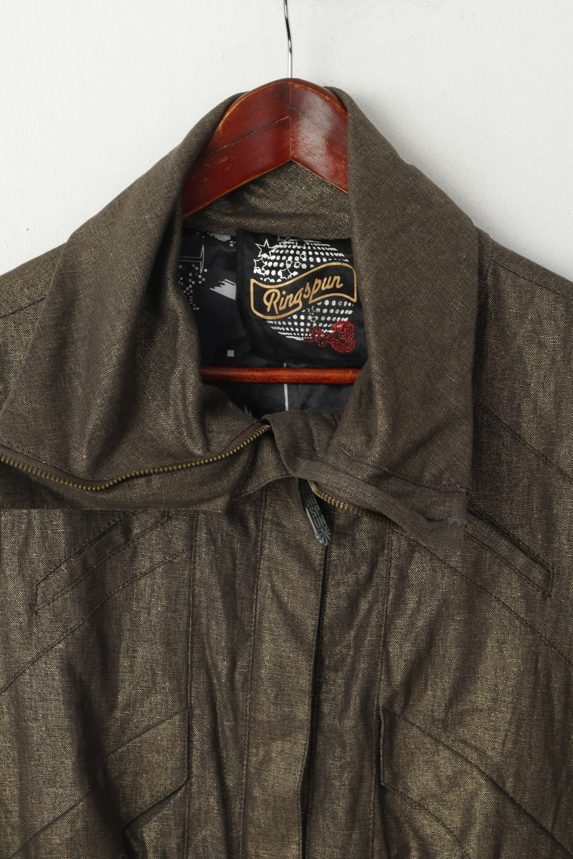 Ringspun Women 3 S Jacket Shiny Gold Turtle Neck Linen Cropped Zip Up Top