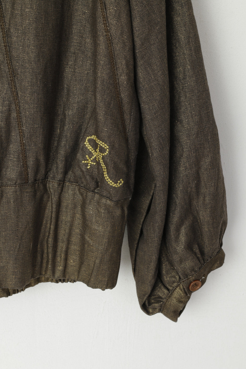 Ringspun Women 3 S Jacket Shiny Gold Turtle Neck Linen Cropped Zip Up Top