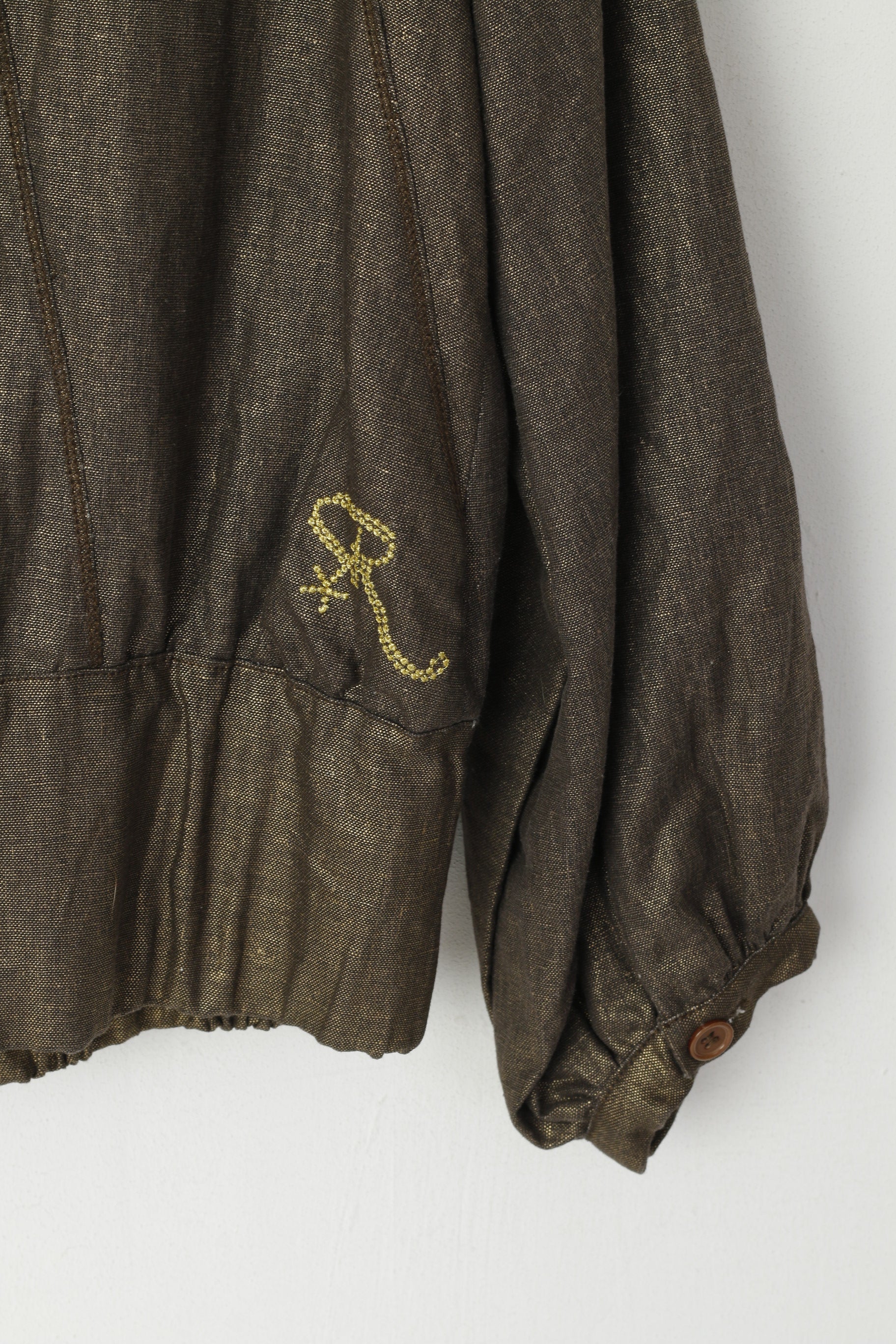 Ringspun Women 3 S Jacket Shiny Gold Turtle Neck Linen Cropped Zip Up Top