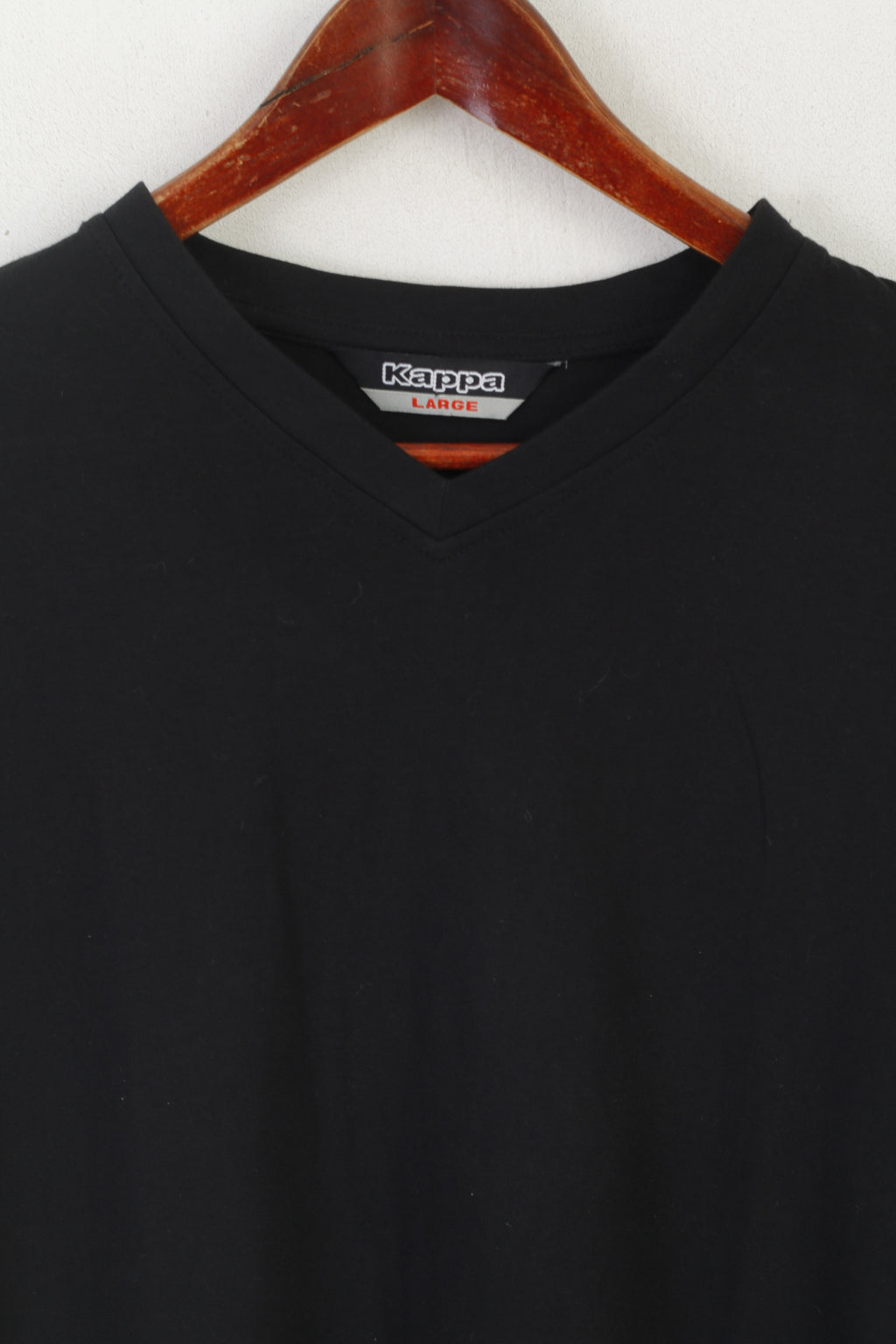 Kappa Men L Shirt Black Cotton Vintage V Neck Classic Plain Stretch Sport Top