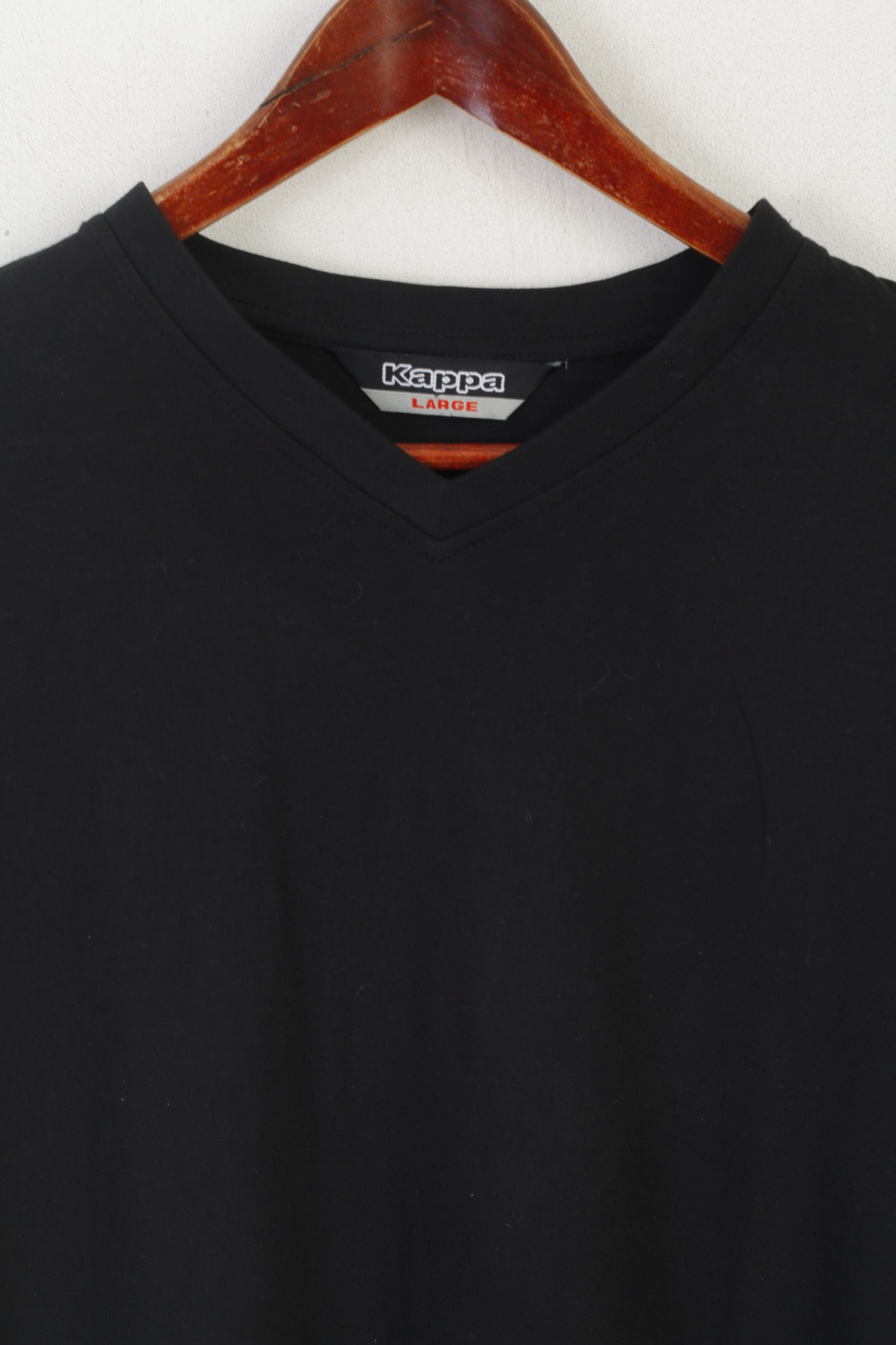 Kappa Men L Shirt Black Cotton Vintage V Neck Classic Plain Stretch Sport Top