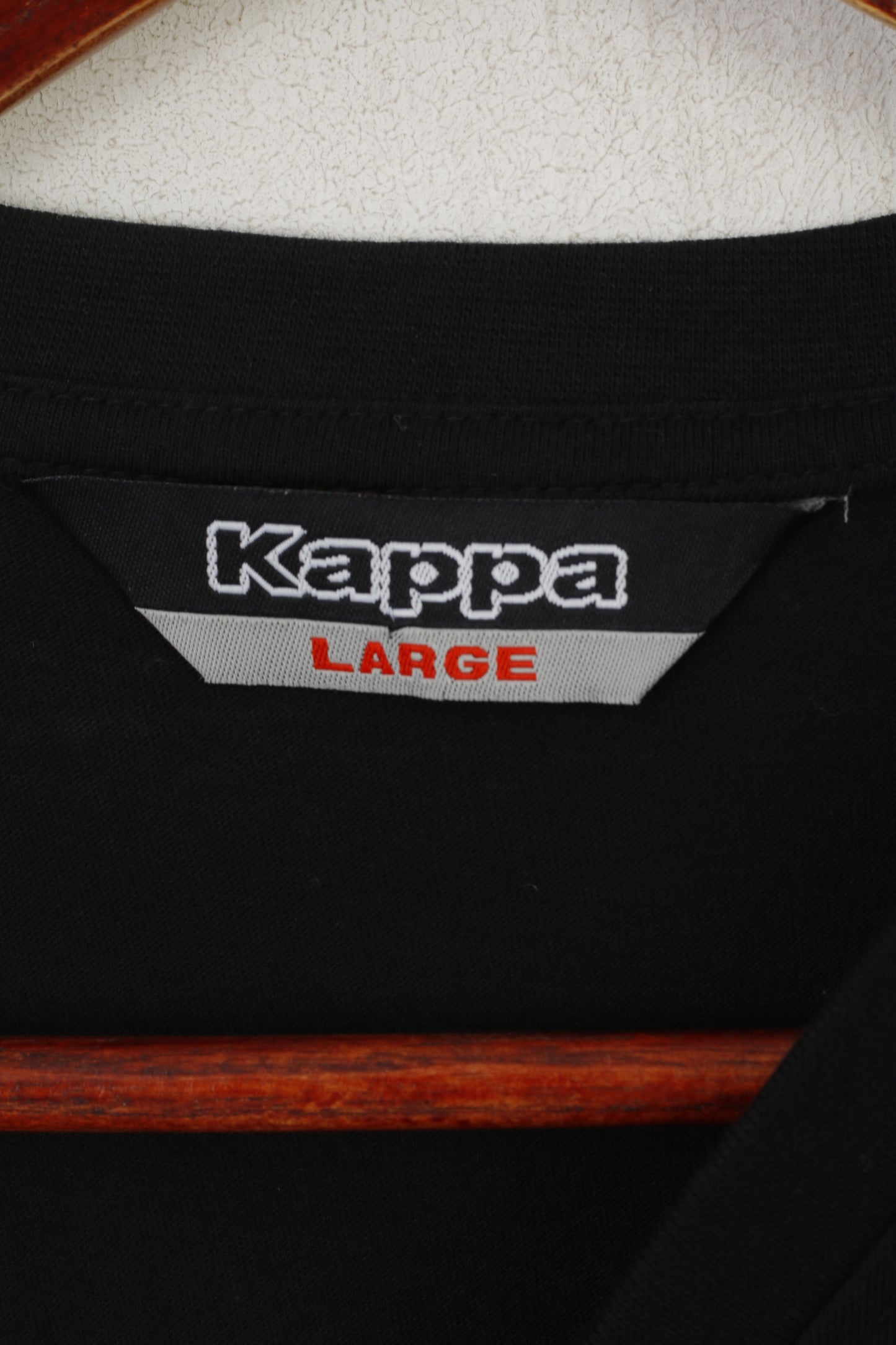Kappa Men L Shirt Black Cotton Vintage V Neck Classic Plain Stretch Sport Top