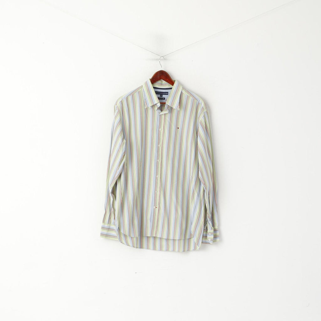 Tommy Hilfiger Men XL Casual Shirt Blue Green Striped Cotton Button Dwon Collar Top