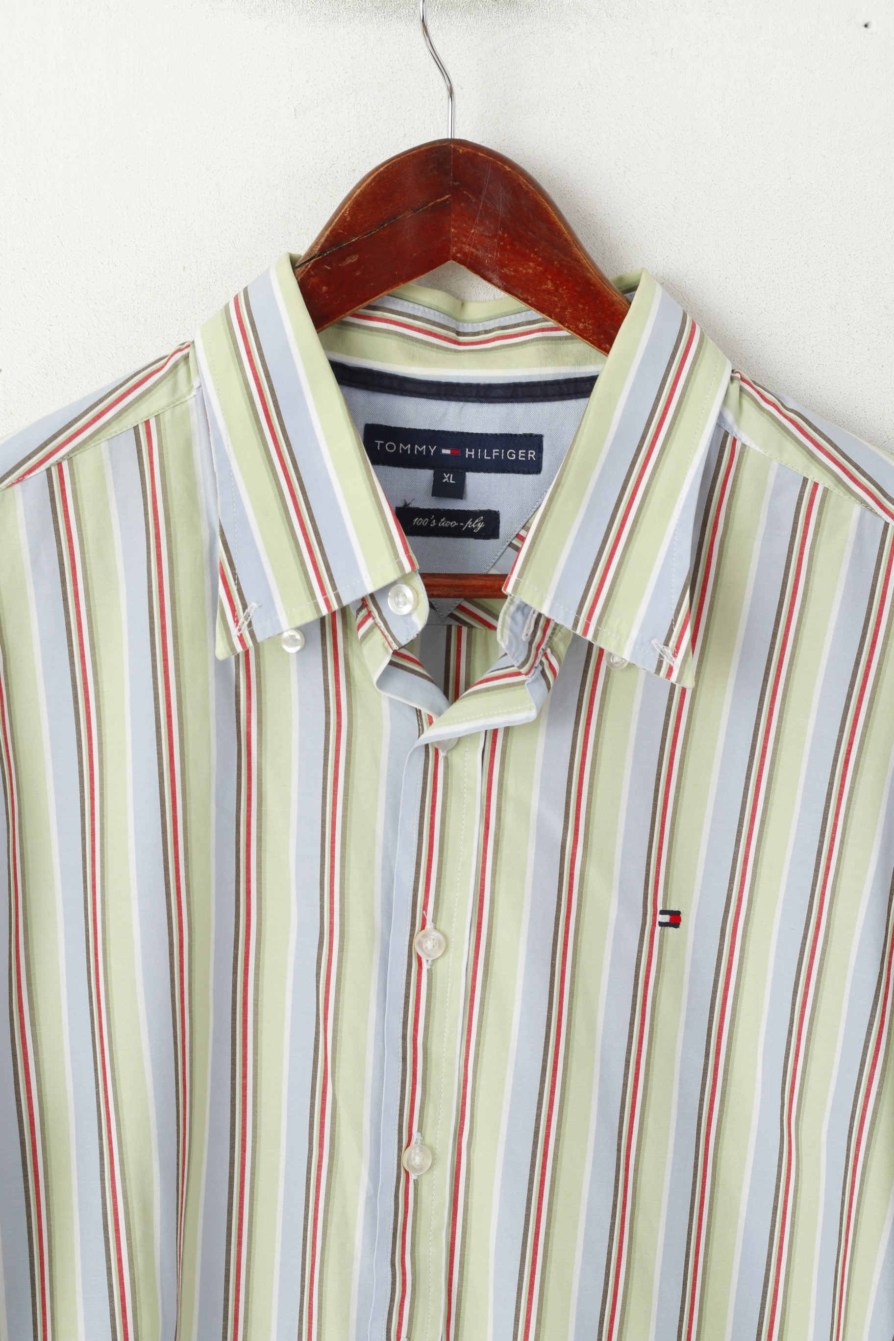 Tommy Hilfiger Men XL Casual Shirt Blue Green Striped Cotton Button Dwon Collar Top