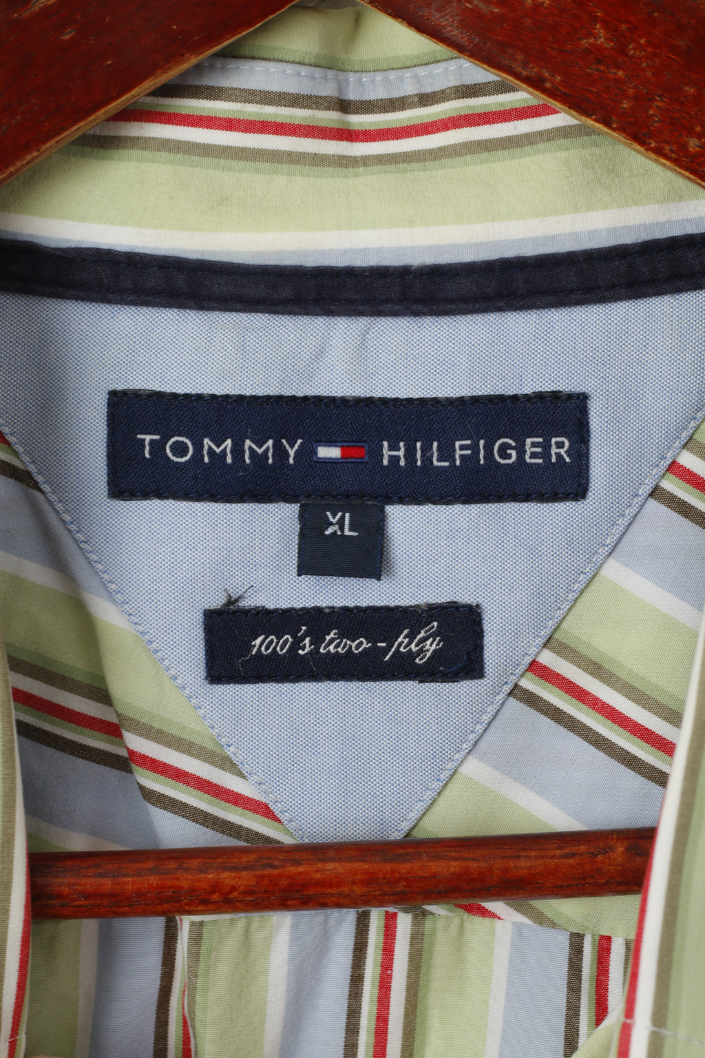 Tommy Hilfiger Men XL Casual Shirt Blue Green Striped Cotton Button Dwon Collar Top