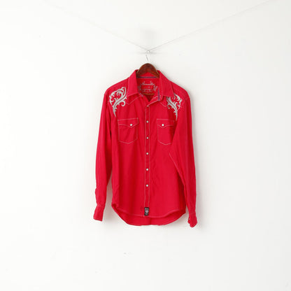 Rock 47 Men L Casual Shirt Red Cotton Embroidered Pearl Snap Long  Sleeve Top