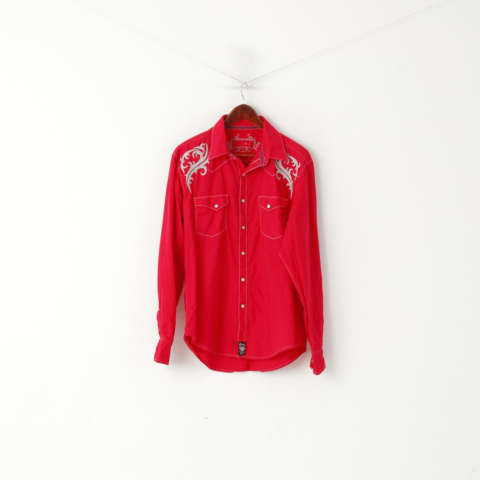Camicia casual da uomo Rock 47 L. Top a maniche lunghe con bottoni automatici in cotone rosso con perle ricamate