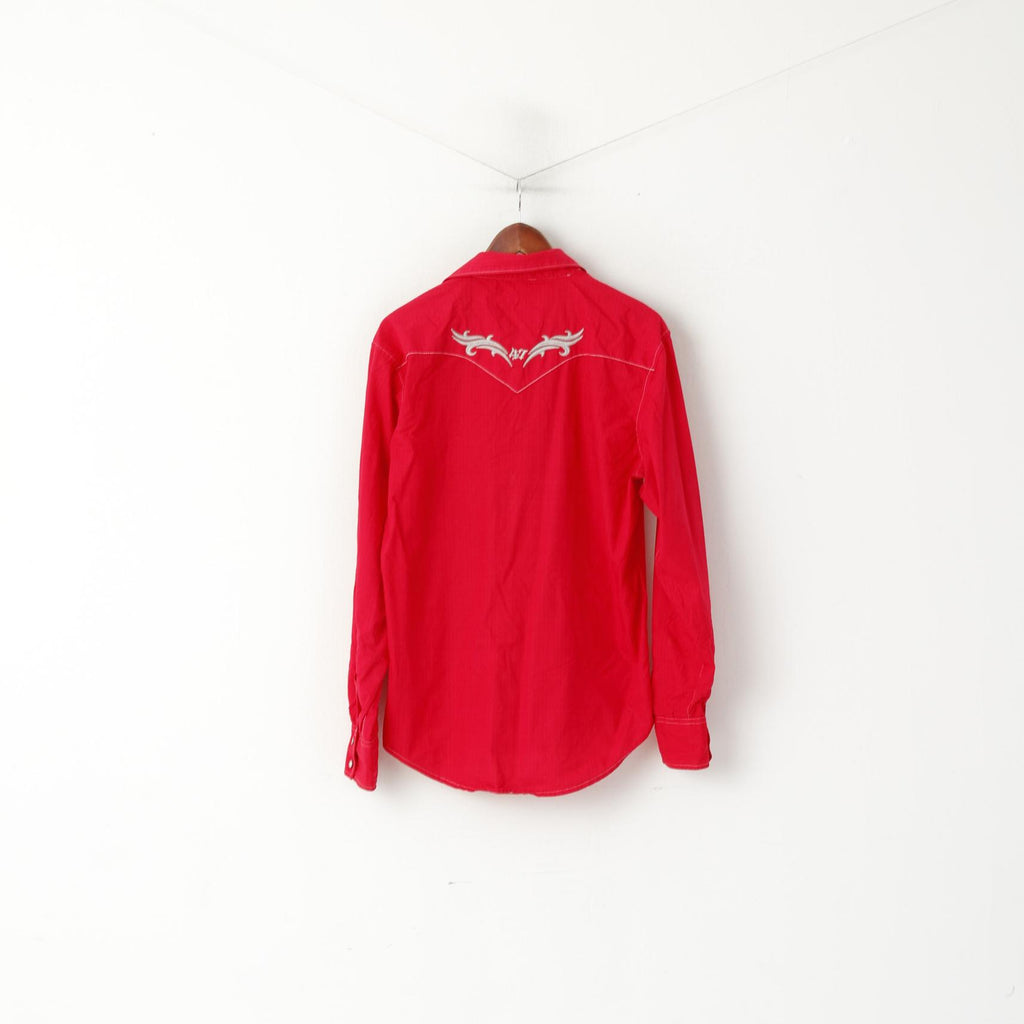 Camicia casual da uomo Rock 47 L. Top a maniche lunghe con bottoni automatici in cotone rosso con perle ricamate