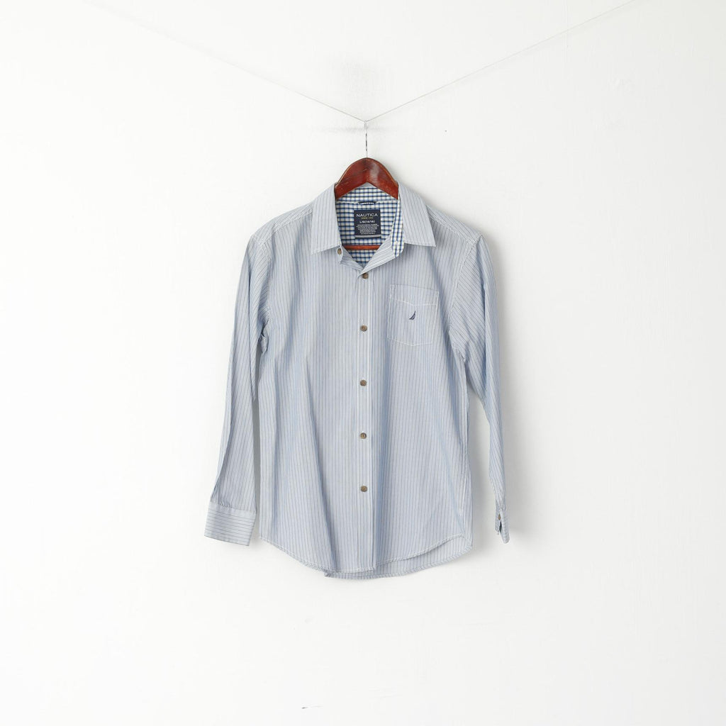 Nautica Chemise décontractée pour jeunes de 14 à 16 ans, haut à manches longues en coton rayé bleu avec poche