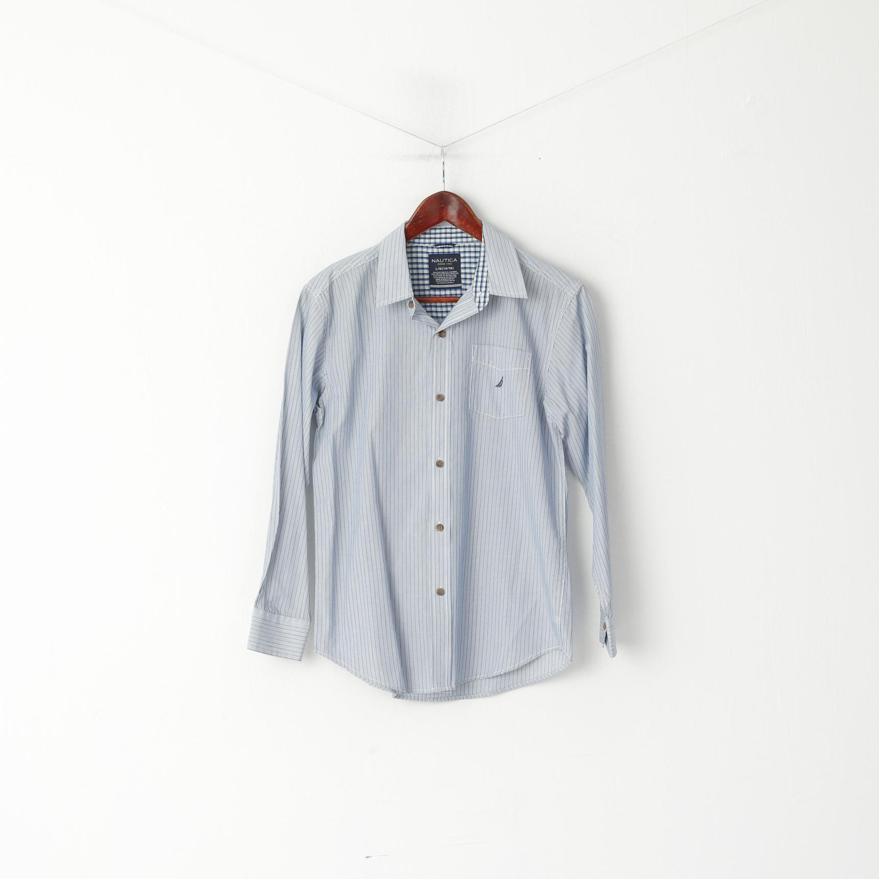 Nautica Chemise décontractée pour jeunes de 14 à 16 ans, haut à manches longues en coton rayé bleu avec poche