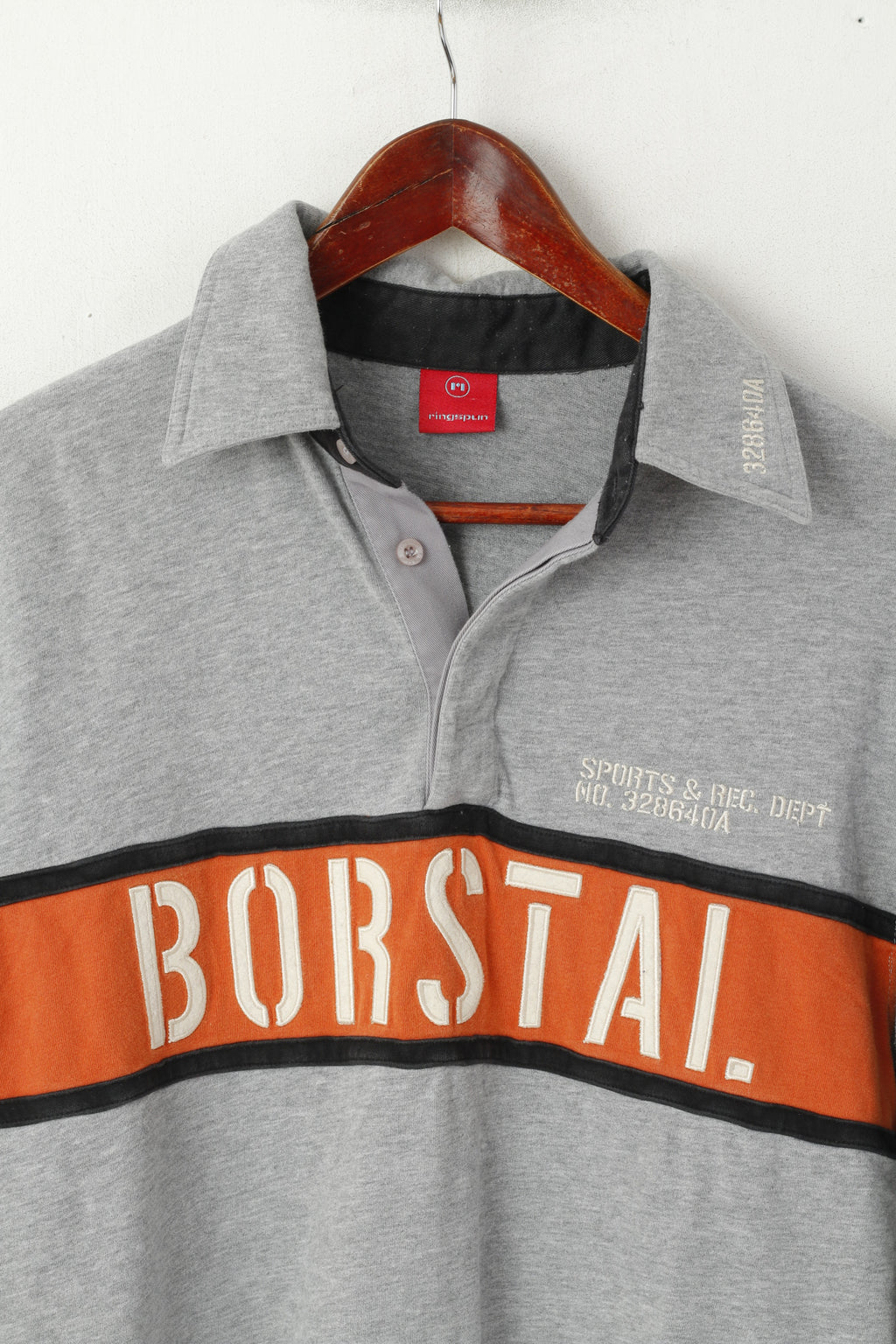 Ringspun Men M Polo Shirt Gray Cotton Borstal Long Sleeve Casual Top