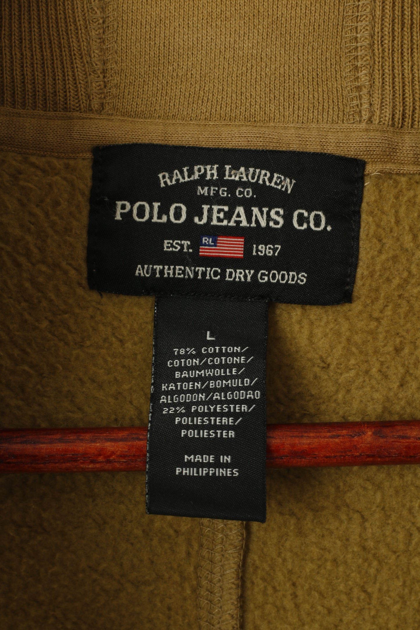 Ralph Lauren Polo Jeans Co Men L Sweatshirt Marron Coton Zippé Haut Classique