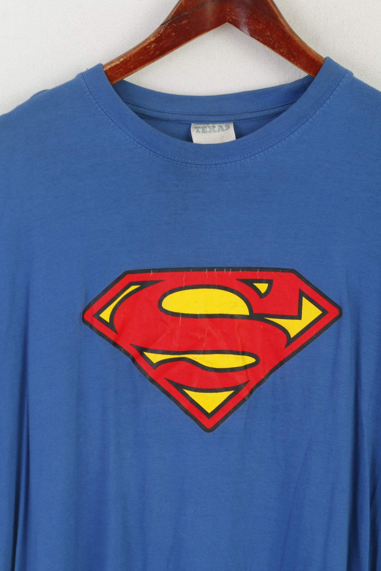 Texas Men M T- Shirt Blue Cotton Graphic Superman Vintage Crew Neck Top