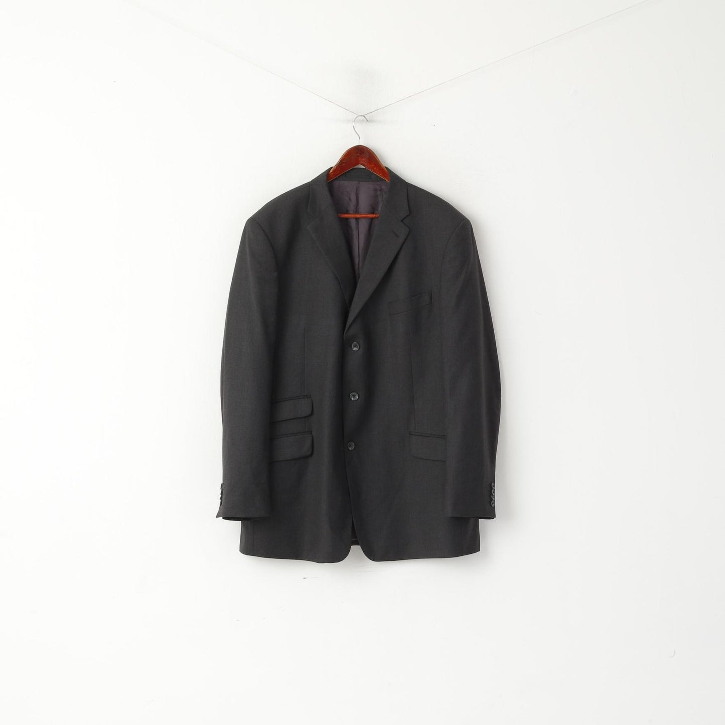 TM Lewin Men 48 58 Blazer Charcoal Wool Single Breasted Long Jacket