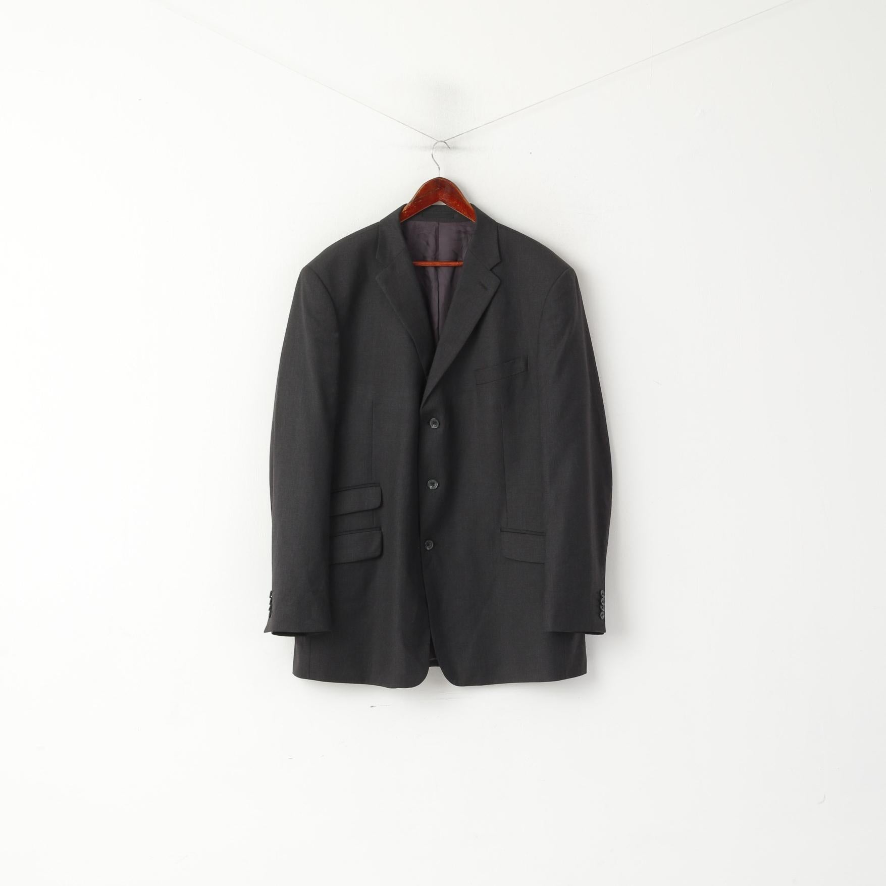 TM Lewin Men 48 58 Blazer Charcoal Wool Single Breasted Long Jacket