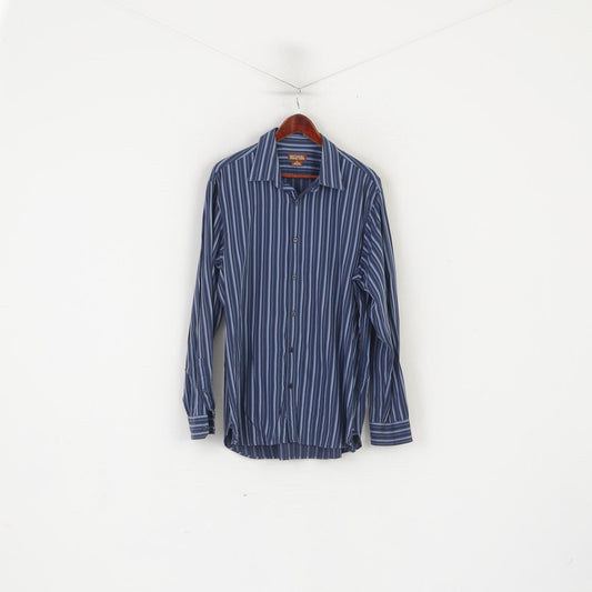 Michael Kors Men XL Casual Shirt Navy Striped Cotton Long Sleeve Top