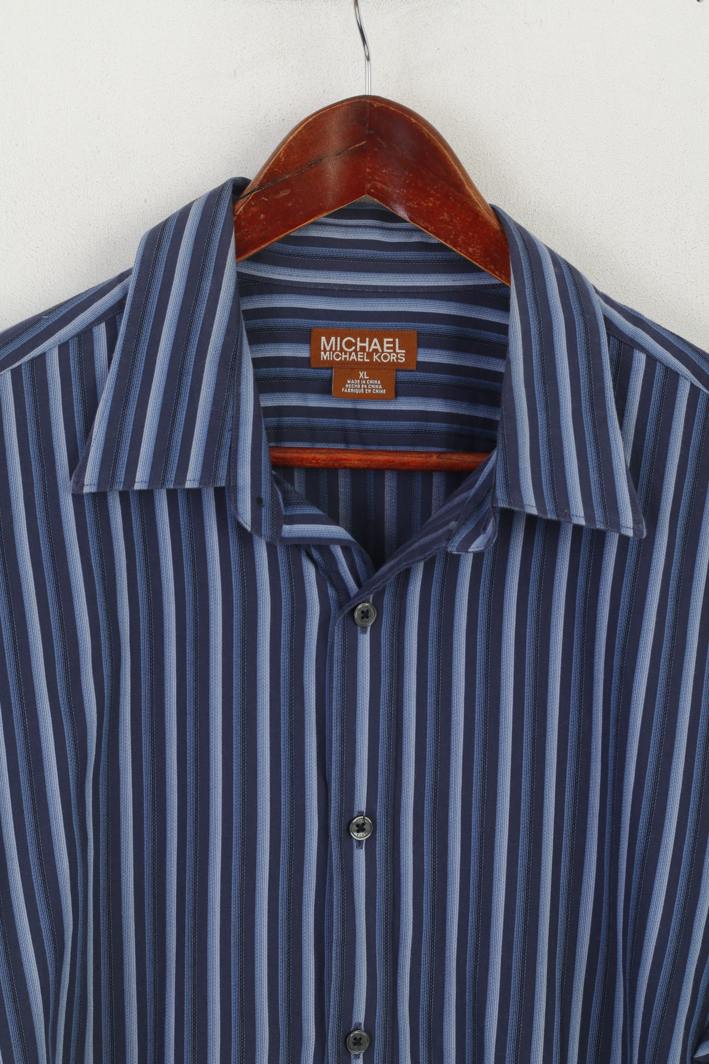 Michael Kors Men XL Casual Shirt Navy Striped Cotton Long Sleeve Top