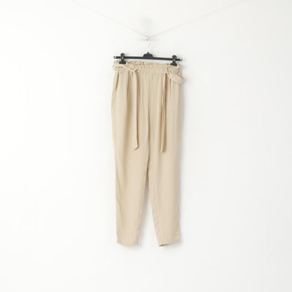 Bik Bok Women M Trousers Beige Shiny High Waist Belt Classic Elegant Pants