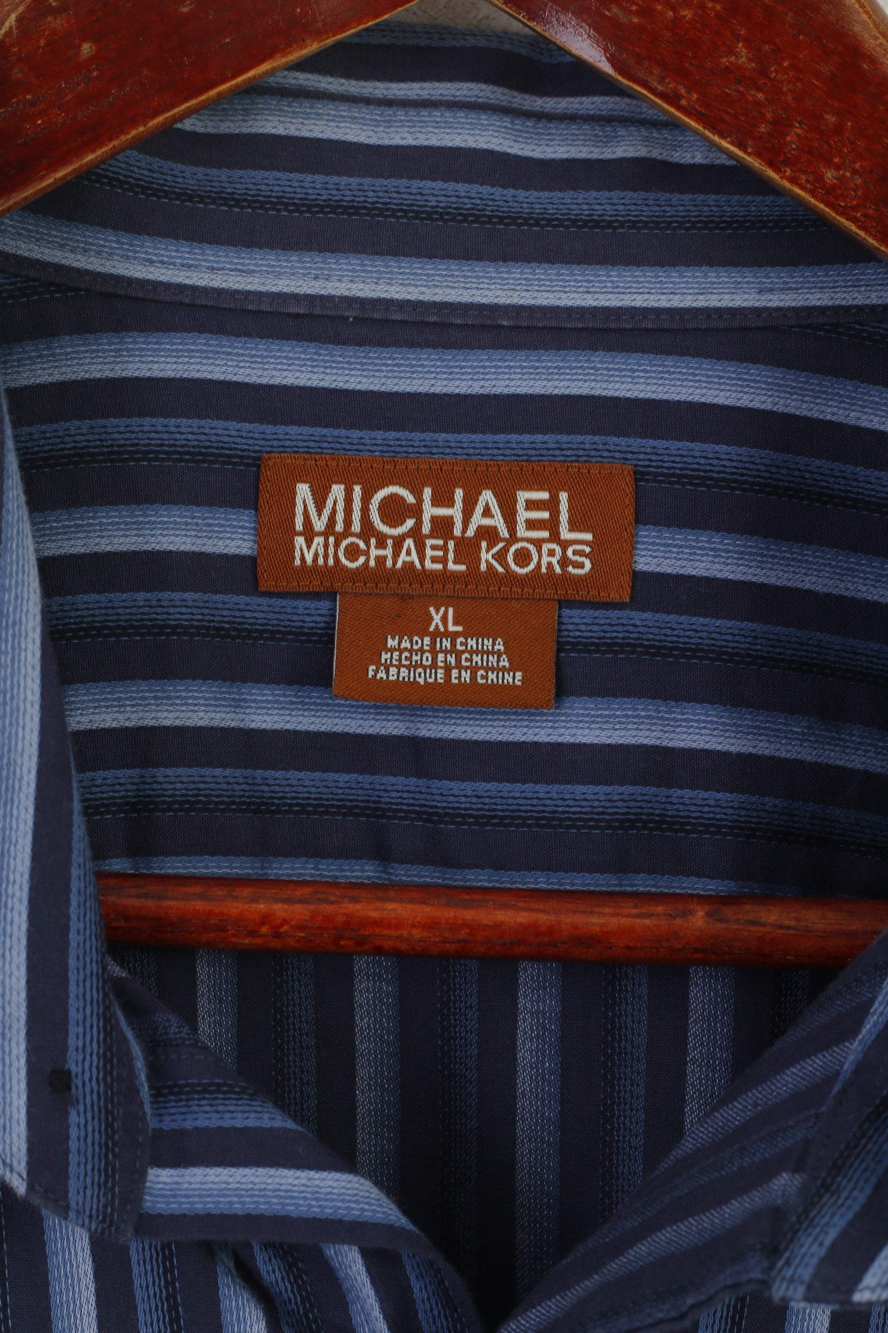 Michael Kors Men XL Casual Shirt Navy Striped Cotton Long Sleeve Top