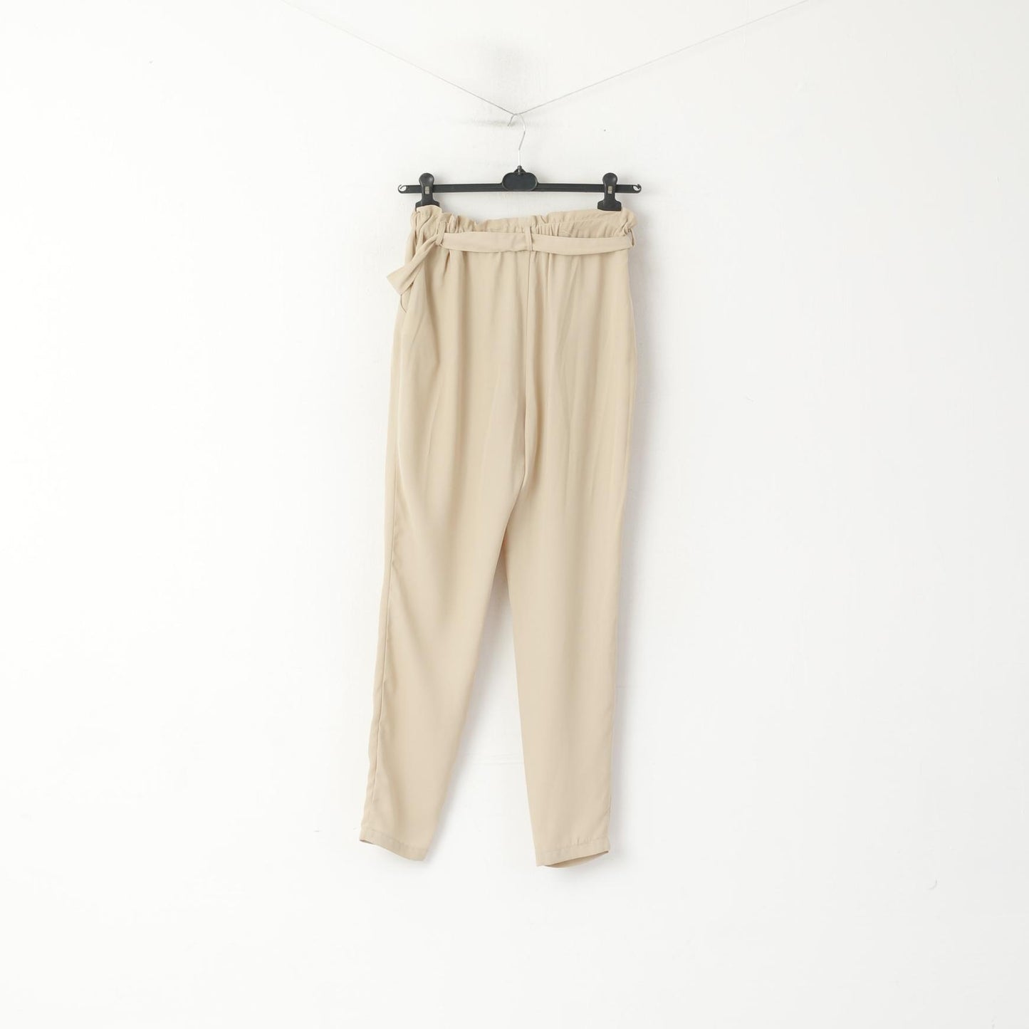 Bik Bok Women M Trousers Beige Shiny High Waist Belt Classic Elegant Pants