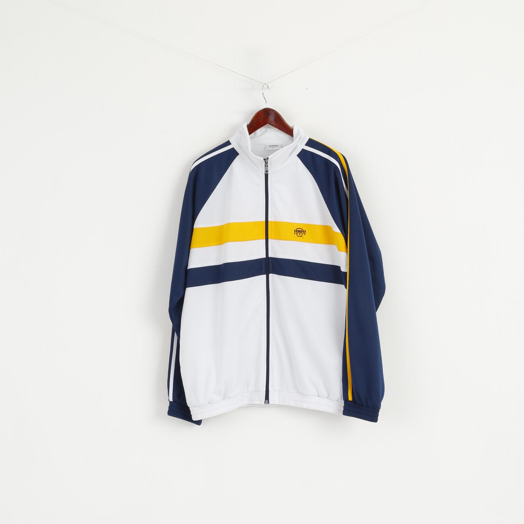 Feroti Sport Men XXL Sweatshirt White Navy Shiny Full Zipper Oldschool Retro Top