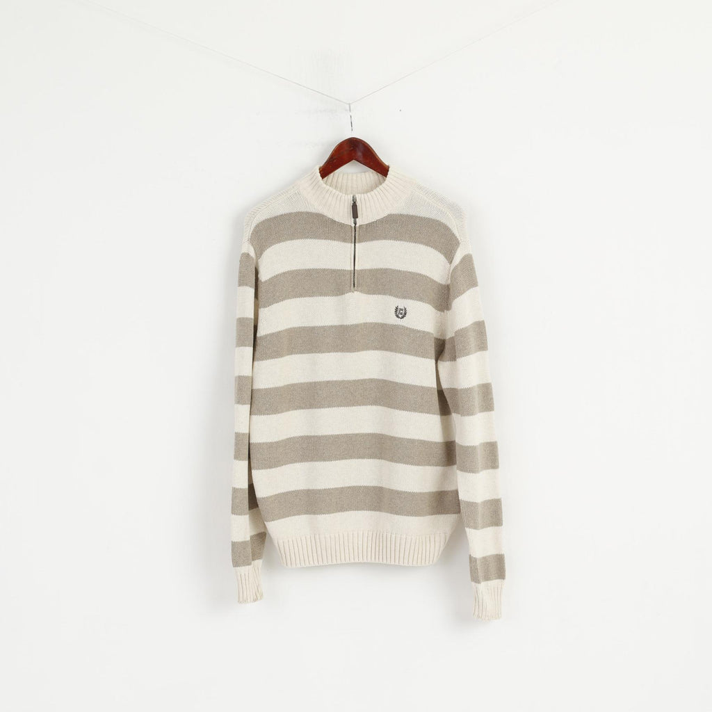 Chaps Men L Jumper Beige Rayé 100% Coton Col Zippé Pull Classique Haut