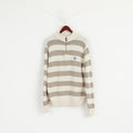 Chaps Men L Jumper Beige Rayé 100% Coton Col Zippé Pull Classique Haut
