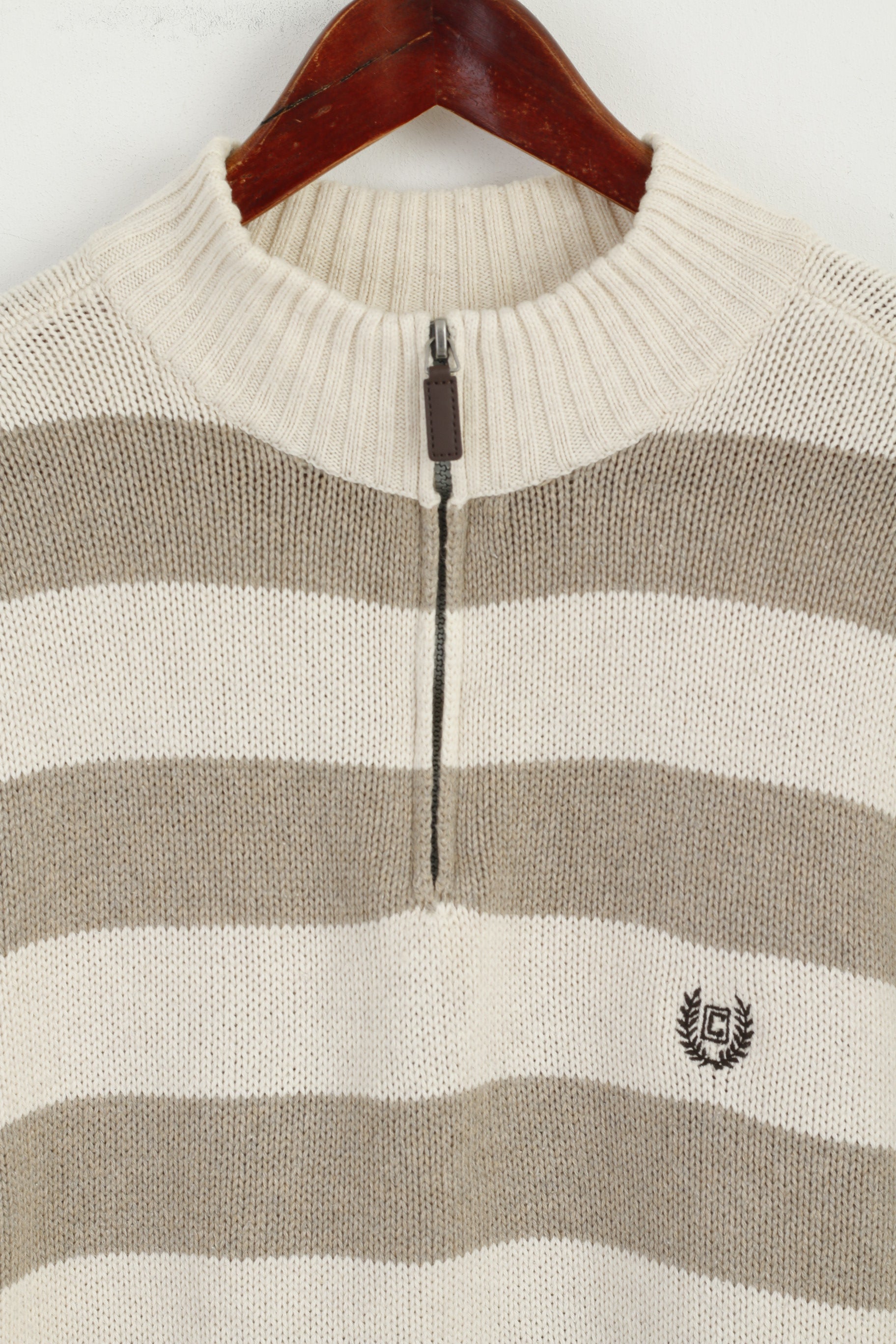 Chaps Men L Jumper Beige Rayé 100% Coton Col Zippé Pull Classique Haut